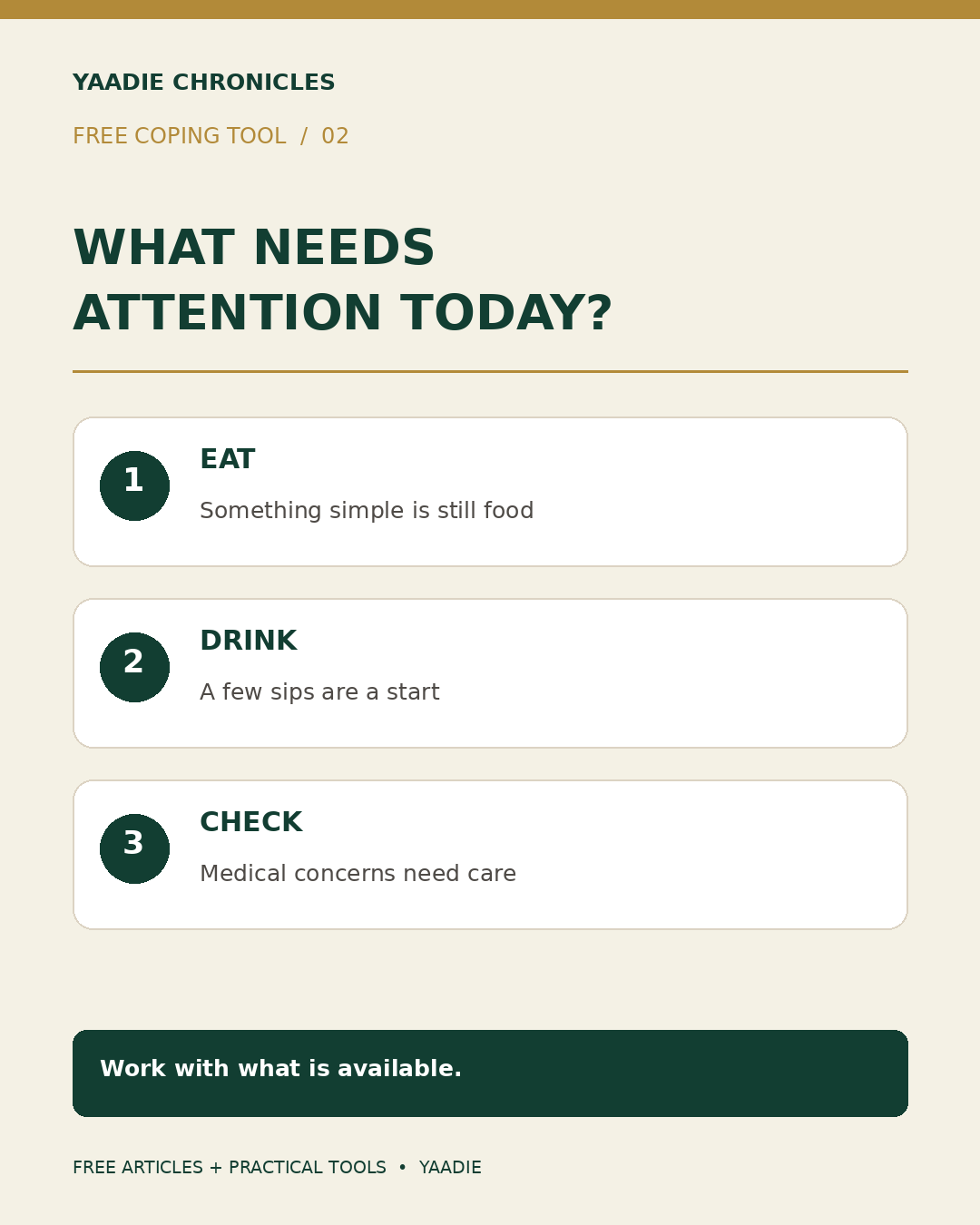 What Needs Attention Today? Eat something simple, have a drink and check medical concerns. Work with what is available.