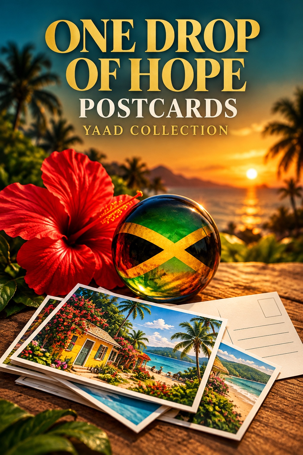 One Drop of Hope Postcards, Yaad Collection: gold lettering above a red hibiscus, Jamaican flag ornament and postcards at sunset.