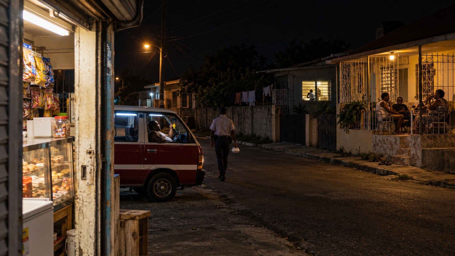 A Jamaican neighbourhood after dark, with a corner shop open, a driver waiting, a worker walking home and people reasoning on a verandah