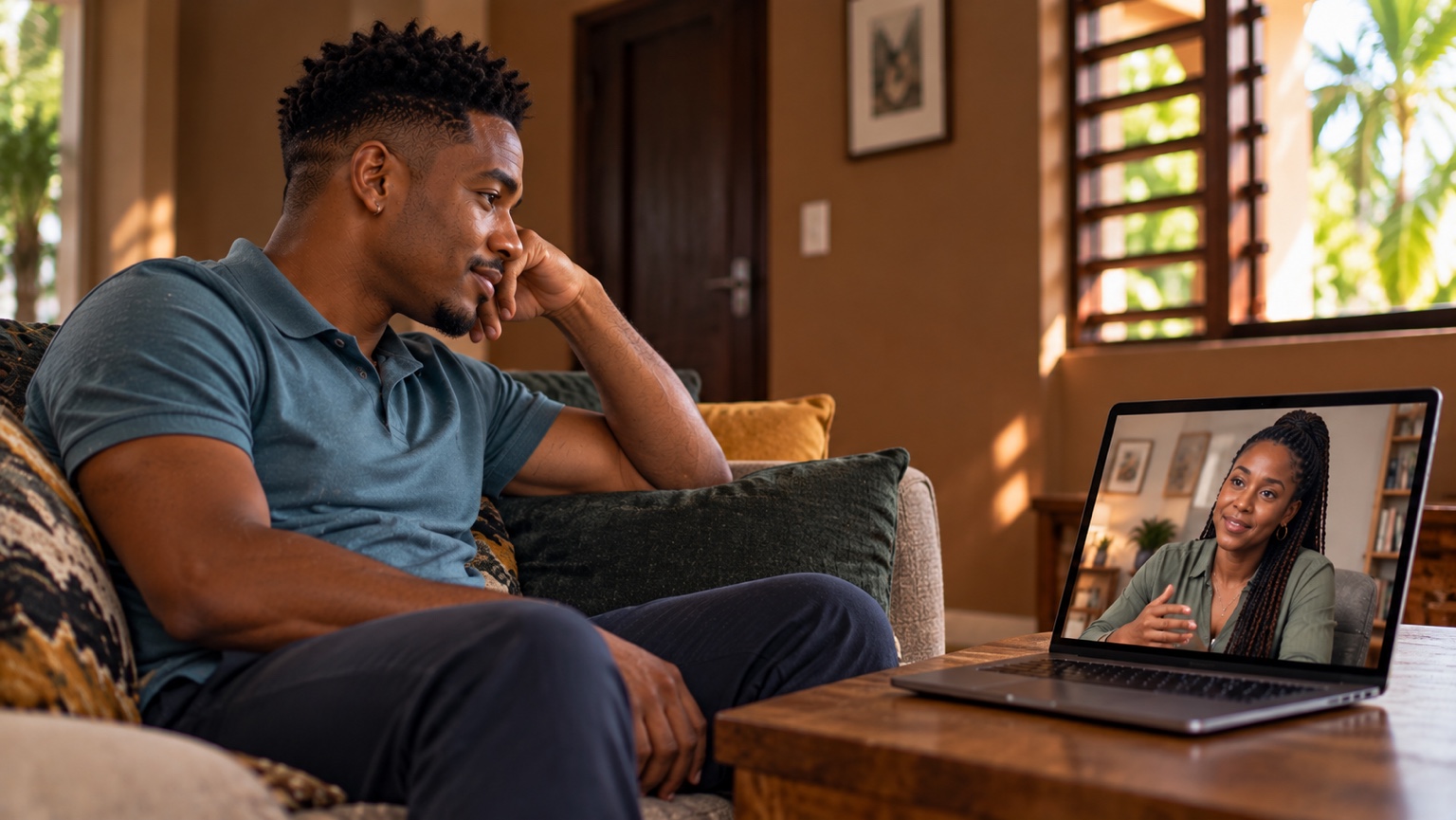 A Caribbean man having a private face-to-face video counselling session with a female counsellor.