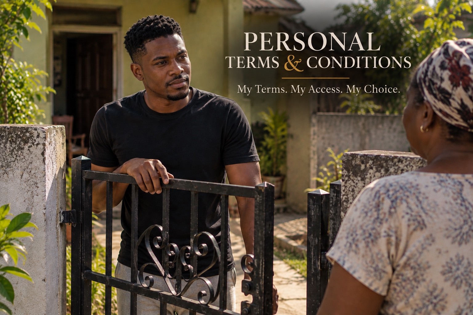 Personal Terms and Conditions. My Terms. My Access. My Choice. A Jamaican man speaking calmly with an older woman at a partly open residential gate.